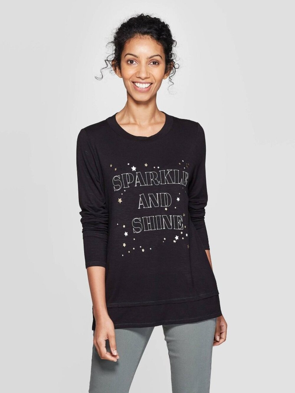 Knox Rose Womens Black Long-Sleeve Graphic Tee "Sparkle And Shine" S - Picture 3 of 7
